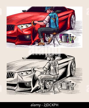Automatische Detaildarstellung. Trockenreinigungsmotor. Mann waschen und polieren Auto. Fahrzeugservice oder Automobilzentrum. Handgezeichnete Skizzenlinie. Stock Vektor