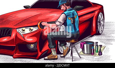 Automatische Detaildarstellung. Trockenreinigungsmotor. Mann waschen und polieren Auto. Fahrzeugservice oder Automobilzentrum. Handgezeichnete Skizzenlinie. Stock Vektor