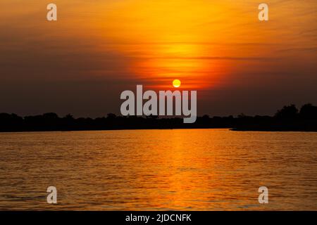 Wunderschöner Sonnenuntergang im nördlichen Pantanal, den größten Feuchtgebieten der Welt. Wildes brasilien, brasilianische Tierwelt und Natur, atemberaubende Landschaft, Flussufer. Stockfoto