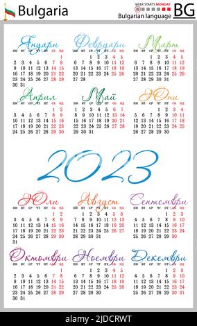 Bulgarischer vertikaler Taschenkalender für 2023 (zweitausend dreiundzwanzig). Die Woche beginnt am Montag. Neues Jahr. Farbe einfaches Design. Vektor Stock Vektor
