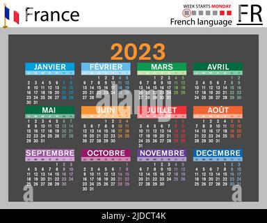 Französischer horizontaler Taschenkalender für 2023 (zweitausend dreiundzwanzig). Die Woche beginnt am Montag. Neues Jahr. Farbe einfaches Design. Vektor Stock Vektor