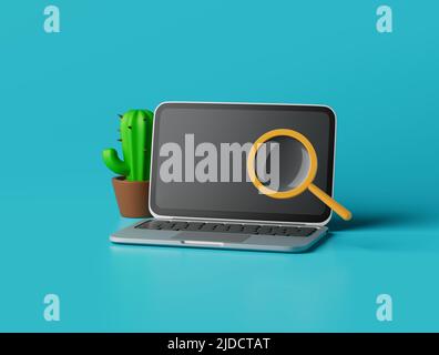 Einfaches Suchlupen-Symbol, geöffneter Laptop und Darstellung des Cactus 3D Render. Isoliertes Objekt im Hintergrund Stockfoto