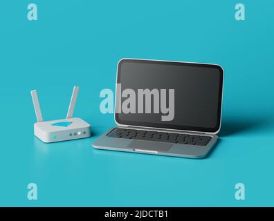 Einfacher WLAN-Router und ein offener Laptop 3D Renderbild. Isoliertes Objekt im Hintergrund Stockfoto