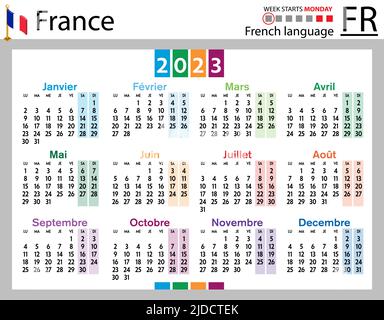 Französischer horizontaler Taschenkalender für 2023 (zweitausend dreiundzwanzig). Die Woche beginnt am Montag. Neues Jahr. Farbe einfaches Design. Vektor Stock Vektor