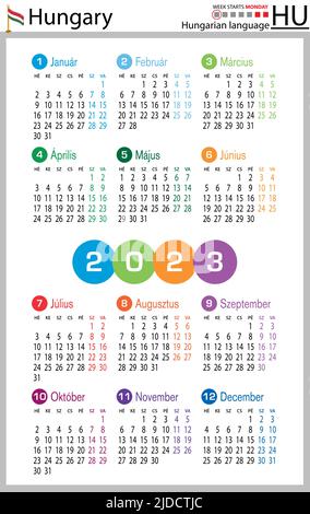 Ungarischer vertikaler Taschenkalender für 2023 (zweitausend dreiundzwanzig). Die Woche beginnt am Montag. Neues Jahr. Farbe einfaches Design. Vektor Stock Vektor