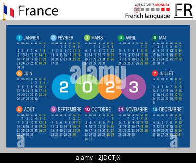Französischer horizontaler Taschenkalender für 2023 (zweitausend dreiundzwanzig). Die Woche beginnt am Montag. Neues Jahr. Farbe einfaches Design. Vektor Stock Vektor