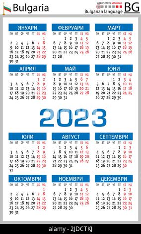 Bulgarischer vertikaler Taschenkalender für 2023 (zweitausend dreiundzwanzig). Die Woche beginnt am Montag. Neues Jahr. Farbe einfaches Design. Vektor Stock Vektor