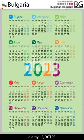 Bulgarischer vertikaler Taschenkalender für 2023 (zweitausend dreiundzwanzig). Die Woche beginnt am Montag. Neues Jahr. Farbe einfaches Design. Vektor Stock Vektor