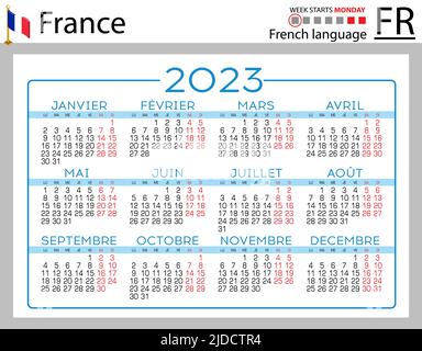 Französischer horizontaler Taschenkalender für 2023 (zweitausend dreiundzwanzig). Die Woche beginnt am Montag. Neues Jahr. Farbe einfaches Design. Vektor Stock Vektor
