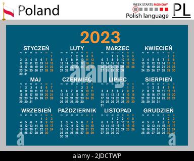 Polnischer horizontaler Taschenkalender für 2023 (zweitausend dreiundzwanzig). Die Woche beginnt am Montag. Neues Jahr. Farbe einfaches Design. Vektor Stock Vektor