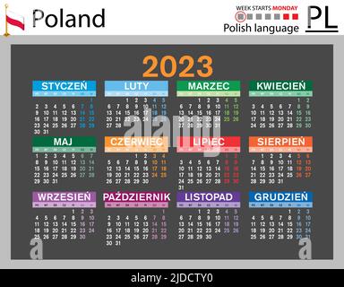 Polnischer horizontaler Taschenkalender für 2023 (zweitausend dreiundzwanzig). Die Woche beginnt am Montag. Neues Jahr. Farbe einfaches Design. Vektor Stock Vektor