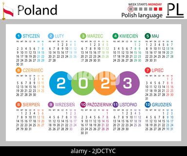 Polnischer horizontaler Taschenkalender für 2023 (zweitausend dreiundzwanzig). Die Woche beginnt am Montag. Neues Jahr. Farbe einfaches Design. Vektor Stock Vektor