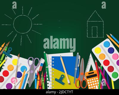 Schulbedarf auf einem grünen Schreibtisch aus Holz Stock Vektor