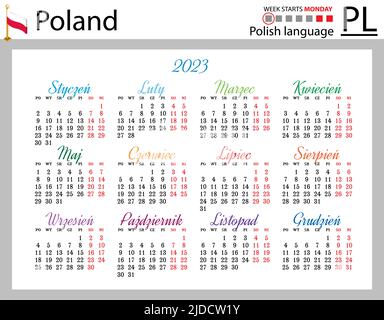 Polnischer horizontaler Taschenkalender für 2023 (zweitausend dreiundzwanzig). Die Woche beginnt am Montag. Neues Jahr. Farbe einfaches Design. Vektor Stock Vektor