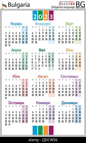 Bulgarischer vertikaler Taschenkalender für 2023 (zweitausend dreiundzwanzig). Die Woche beginnt am Montag. Neues Jahr. Farbe einfaches Design. Vektor Stock Vektor
