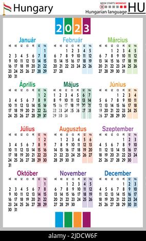 Ungarischer vertikaler Taschenkalender für 2023 (zweitausend dreiundzwanzig). Die Woche beginnt am Montag. Neues Jahr. Farbe einfaches Design. Vektor Stock Vektor