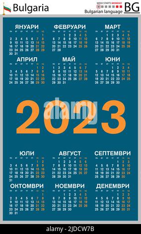 Bulgarischer vertikaler Taschenkalender für 2023 (zweitausend dreiundzwanzig). Die Woche beginnt am Montag. Neues Jahr. Farbe einfaches Design. Vektor Stock Vektor