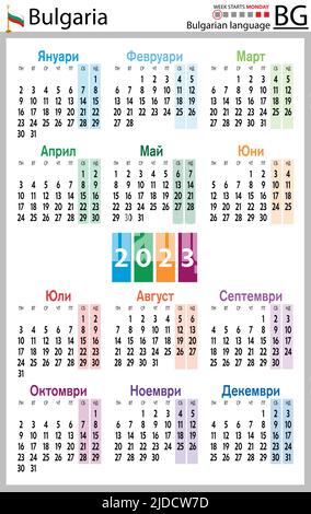 Bulgarischer vertikaler Taschenkalender für 2023 (zweitausend dreiundzwanzig). Die Woche beginnt am Montag. Neues Jahr. Farbe einfaches Design. Vektor Stock Vektor
