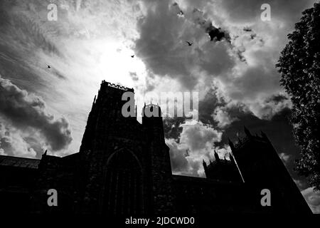 Durham Cathedral in Silhouette gegen Sturmwolken Himmel und Vögel in monochromer Form Stockfoto