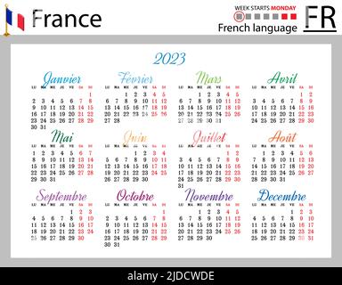Französischer horizontaler Taschenkalender für 2023 (zweitausend dreiundzwanzig). Die Woche beginnt am Montag. Neues Jahr. Farbe einfaches Design. Vektor Stock Vektor