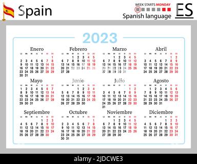 Spanischer horizontaler Taschenkalender für 2023 (zweitausend dreiundzwanzig). Die Woche beginnt am Montag. Neues Jahr. Farbe einfaches Design. Vektor Stock Vektor