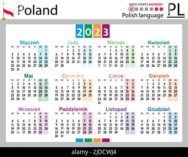 Polnischer horizontaler Taschenkalender für 2023 (zweitausend dreiundzwanzig). Die Woche beginnt am Montag. Neues Jahr. Farbe einfaches Design. Vektor Stock Vektor