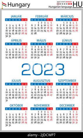 Ungarischer vertikaler Taschenkalender für 2023 (zweitausend dreiundzwanzig). Die Woche beginnt am Montag. Neues Jahr. Farbe einfaches Design. Vektor Stock Vektor