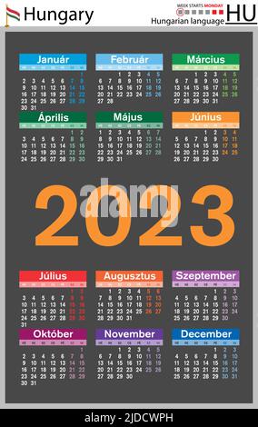 Ungarischer vertikaler Taschenkalender für 2023 (zweitausend dreiundzwanzig). Die Woche beginnt am Montag. Neues Jahr. Farbe einfaches Design. Vektor Stock Vektor
