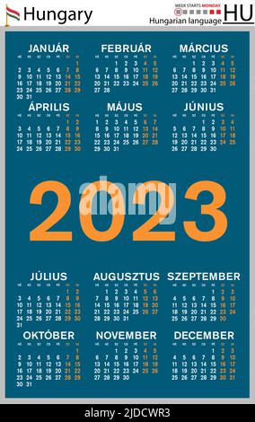 Ungarischer vertikaler Taschenkalender für 2023 (zweitausend dreiundzwanzig). Die Woche beginnt am Montag. Neues Jahr. Farbe einfaches Design. Vektor Stock Vektor