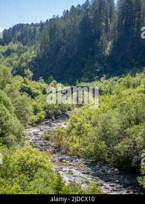 Die abgelegene Hatsios-Brücke, die sich anmutig über den Vikakis-Fluss spannt, bevor sie in die Vikakis-Schlucht - Zagori-Region des Pindus-Gebirges Griechenland einmündet Stockfoto