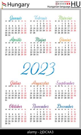Ungarischer vertikaler Taschenkalender für 2023 (zweitausend dreiundzwanzig). Die Woche beginnt am Montag. Neues Jahr. Farbe einfaches Design. Vektor Stock Vektor