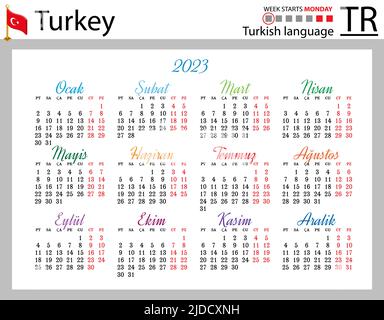 Türkischer horizontaler Taschenkalender für 2023 (zweitausend dreiundzwanzig). Die Woche beginnt am Montag. Neues Jahr. Farbe einfaches Design. Vektor Stock Vektor