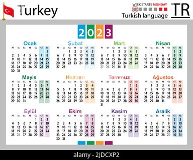 Türkischer horizontaler Taschenkalender für 2023 (zweitausend dreiundzwanzig). Die Woche beginnt am Montag. Neues Jahr. Farbe einfaches Design. Vektor Stock Vektor