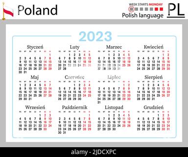 Polnischer horizontaler Taschenkalender für 2023 (zweitausend dreiundzwanzig). Die Woche beginnt am Montag. Neues Jahr. Farbe einfaches Design. Vektor Stock Vektor