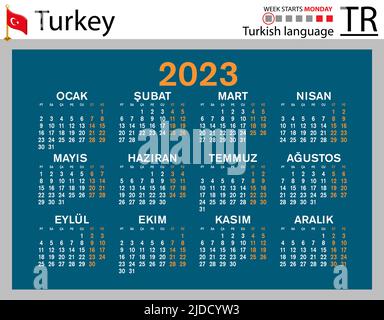 Türkischer horizontaler Taschenkalender für 2023 (zweitausend dreiundzwanzig). Die Woche beginnt am Montag. Neues Jahr. Farbe einfaches Design. Vektor Stock Vektor
