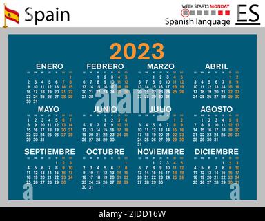 Spanischer horizontaler Taschenkalender für 2023 (zweitausend dreiundzwanzig). Die Woche beginnt am Montag. Neues Jahr. Farbe einfaches Design. Vektor Stock Vektor