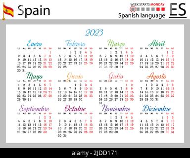 Spanischer horizontaler Taschenkalender für 2023 (zweitausend dreiundzwanzig). Die Woche beginnt am Montag. Neues Jahr. Farbe einfaches Design. Vektor Stock Vektor