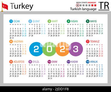 Türkischer horizontaler Taschenkalender für 2023 (zweitausend dreiundzwanzig). Die Woche beginnt am Montag. Neues Jahr. Farbe einfaches Design. Vektor Stock Vektor