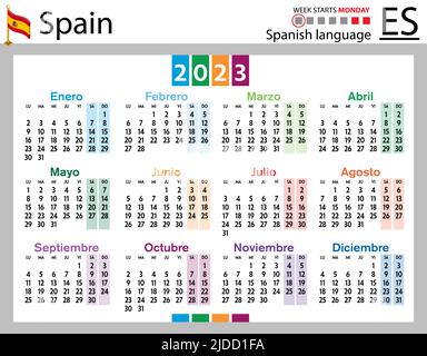 Spanischer horizontaler Taschenkalender für 2023 (zweitausend dreiundzwanzig). Die Woche beginnt am Montag. Neues Jahr. Farbe einfaches Design. Vektor Stock Vektor