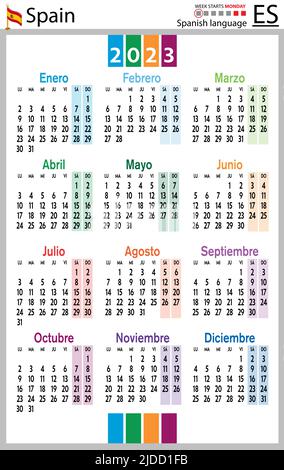 Spanischer vertikaler Taschenkalender für 2023 (zweitausend dreiundzwanzig). Die Woche beginnt am Montag. Neues Jahr. Farbe einfaches Design. Vektor Stock Vektor