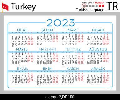 Türkischer horizontaler Taschenkalender für 2023 (zweitausend dreiundzwanzig). Die Woche beginnt am Montag. Neues Jahr. Farbe einfaches Design. Vektor Stock Vektor