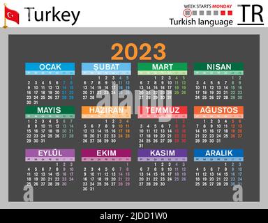 Türkischer horizontaler Taschenkalender für 2023 (zweitausend dreiundzwanzig). Die Woche beginnt am Montag. Neues Jahr. Farbe einfaches Design. Vektor Stock Vektor