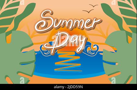 Inschrift sonniger Tag auf dem Hintergrund des Sonnenuntergangs und tropischen Blättern Stock Vektor