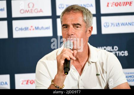 Marc Maury (Sprecher) nimmt an der Pressekonferenz während der Wanda Diamond League 2022, Meeting de Paris (Leichtathletik) am 17. Juni 2022 im Charlety-Stadion in Paris, Frankreich, Teil. Foto von Victor Joly/ABACAPRESS.COM Stockfoto