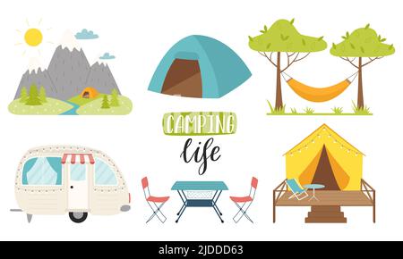 Berglandschaft mit Zelt, Campinganhänger, Hängematte, Zelt, Möbel. Hand Lettering - Camping Life. Wandern, Glamping, Reisen, Erholung auf Nat Stock Vektor