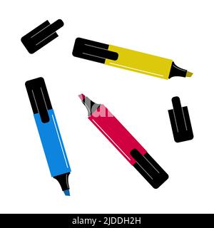 Permanentmarker zum Zeichnen mit Kappe. Bürostift und Kunstwerkzeug zum Unterstreichieren, Kalligraphie und Hervorheben von Text. Set aus roten, gelben, blauen Farben. Ve Stock Vektor