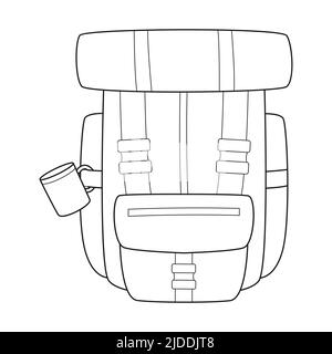 Doodle Tourist Rucksack mit einem Becher und einer Touristenmatte. Ausrüstung für Angeln, Tourismus, Reisen, Camping, Wandern. Skizzieren Sie schwarz-weiße Vektorgrafik Stock Vektor