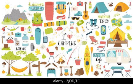 Eine Sammlung von Elementen für Camping, Reisen, Wandern, Outdoor-Erholung, Picknick. Grafische Objekte für Scrapbooking, Poster, Banner, Aufkleber, Auto Stock Vektor