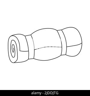 Doodle Tourist Decke, Matte, gebunden mit Riemen. Ausrüstung für Angeln, Tourismus, Reisen, Camping, Wandern. Die Darstellung der schwarz-weißen Vektorgrafik ist umrandet Stock Vektor
