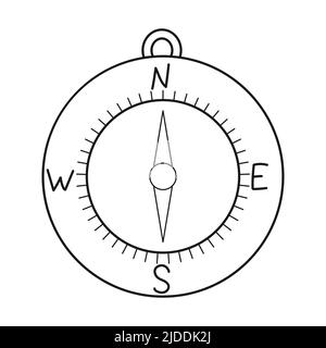 Doodle Magnetischer Kompass. Navigationstool. Ausrüstung für Tourismus, Reisen, Wandern. Skizzieren Sie die schwarz-weiße Vektorgrafik isoliert auf einem weißen Hintergrund Stock Vektor